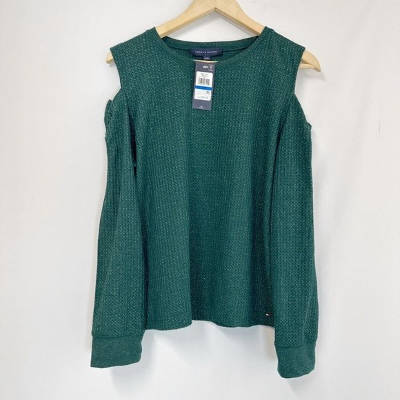 Tommy Hilfiger Women's Waffled Cold Shoulder Shirt Green Size XL - Picture 2 of 6